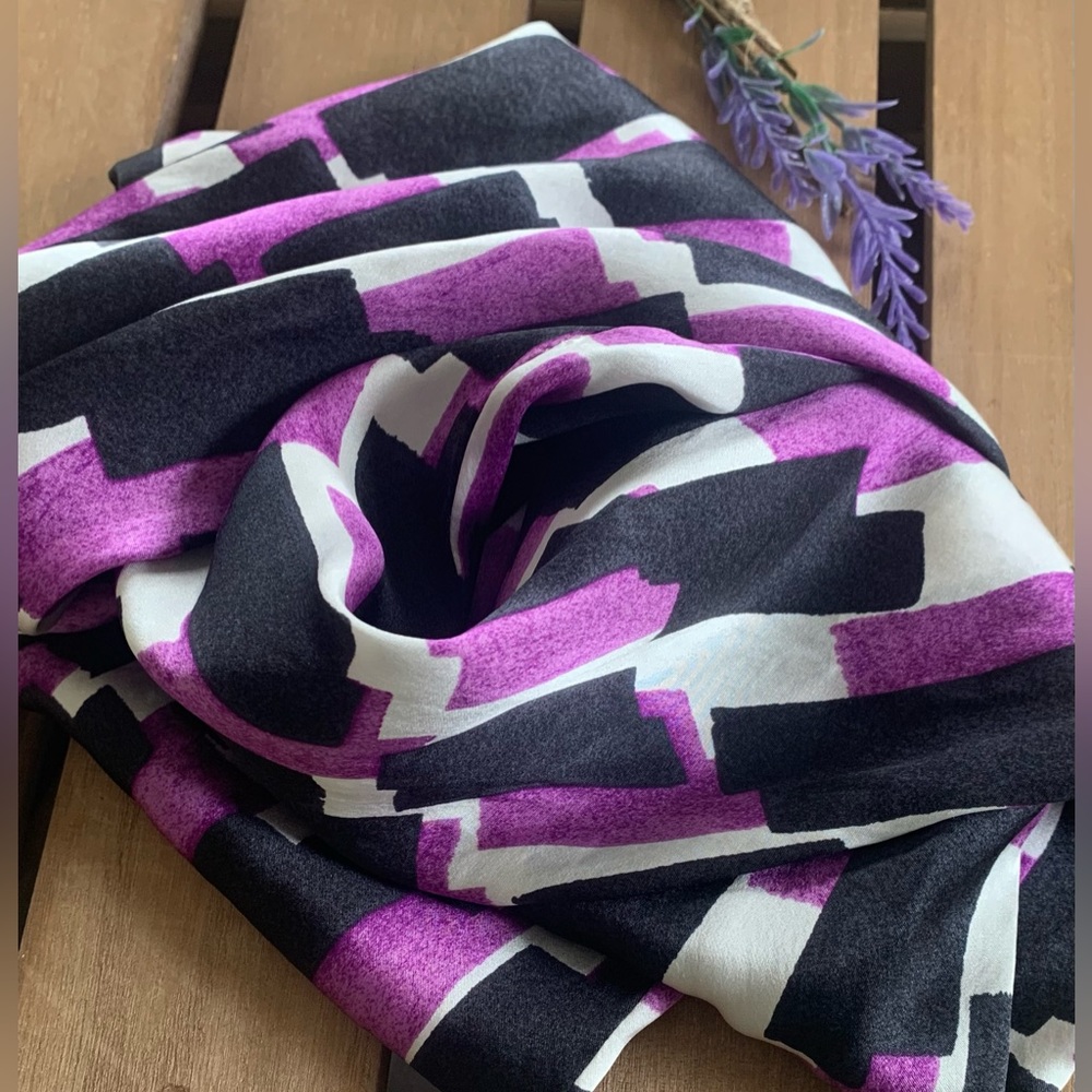 BR Geometric Silky Scarf in black, purple and white appx 5 1/2 “ - 6” W x 76” L